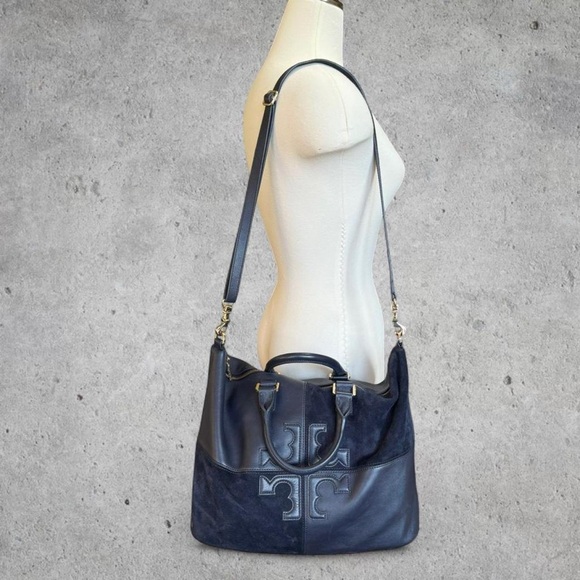Tory Burch Navy Blue ‘Natalie’ Leather and Suede Satchel/Shoulder/Crossbody Bag - Picture 2 of 8